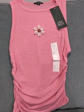Wild Fable Ribbed Tank Top Ruched Sides Pink W/Flower Of Shells NWT