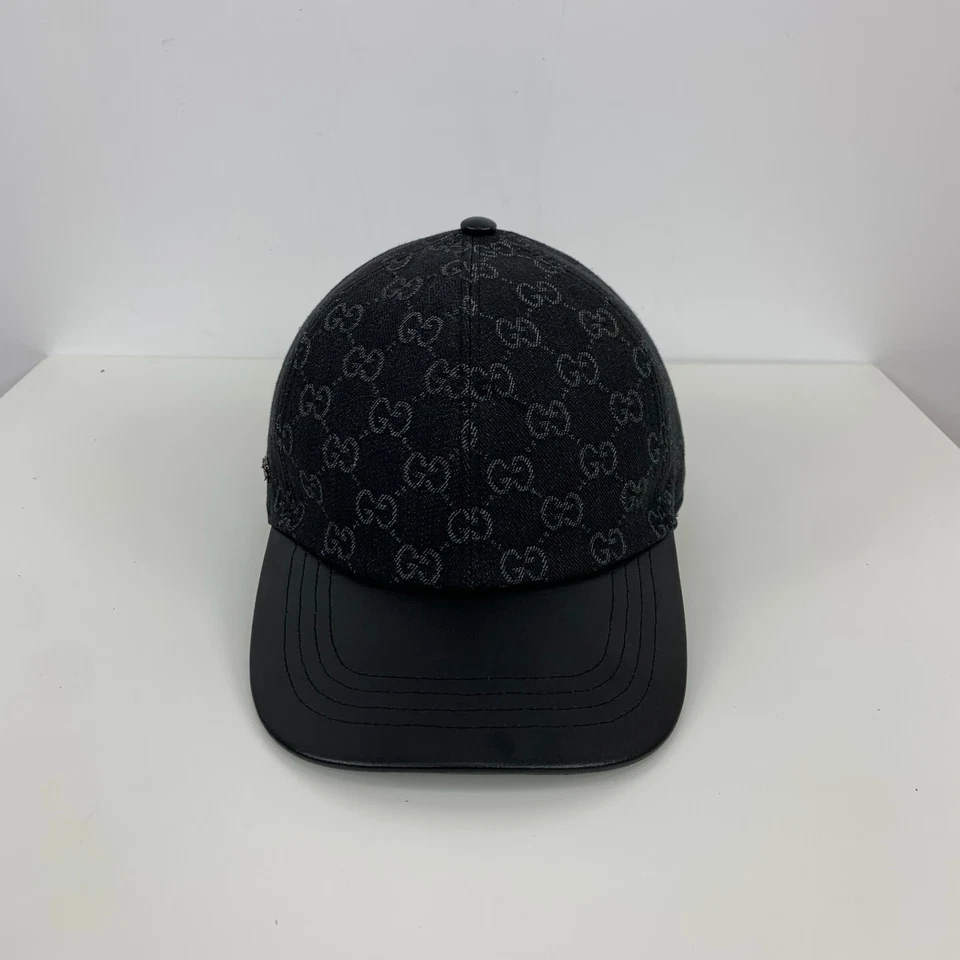 Gucci GG Monograma Logo Denim Algodón Gorra de Béisbol Sombrero Negro y Gris Talla M Foto 4 de 4