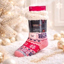 SHERPA SOCKS WOMENS SZ. 4-10 PINK FAIR ISLE OWLS ANTI-SKID CUSHIONED THERMAX NEW