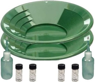 Sluice Monkey 2 Pack of 14 inch Green Gold Pans, 4oz Sniffers Bottles, Vials