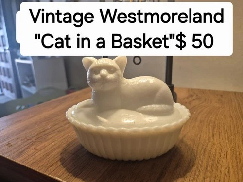 Vintage Westmoreland "Cat on a Basket" Milk Glass