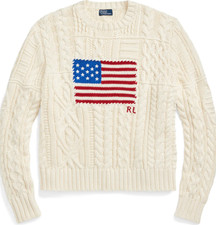 Polo Ralph Lauren cream Aran stitch USA Flag cable knit sweater Sz XL women NWT