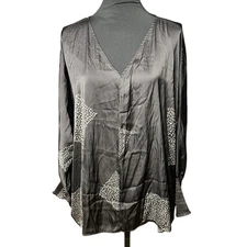 Grade & Gather Women's Black Satin Long Sleeve V-Neck Blouse Size Large