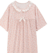 Women'sPeachPink Nightgown DitsyFlora WhiteLace Ruffle Bow Coquette Nightie M/L