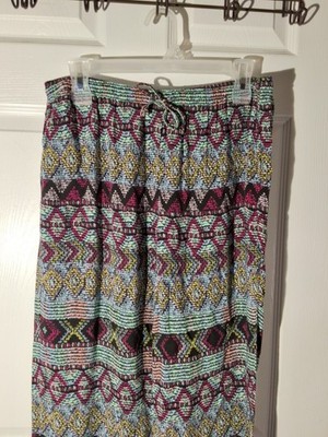Womens Multi Color Print Elastic Tie Waist Pants Size LG Boho Beach