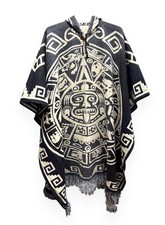 Aztec Calendar Gray Alpaca Wool Poncho Gaban Serape Sweater Indigenous Unisex