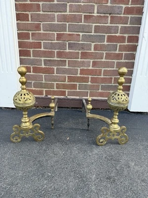 Antique Pair Gold Gilt Brass Pierced Floral Design Andirons Steeple Top Finial - Image 1 of 4