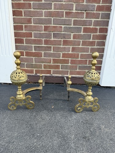 Antique Pair Gold Gilt Brass Pierced Floral Design Andirons Steeple Top Finial