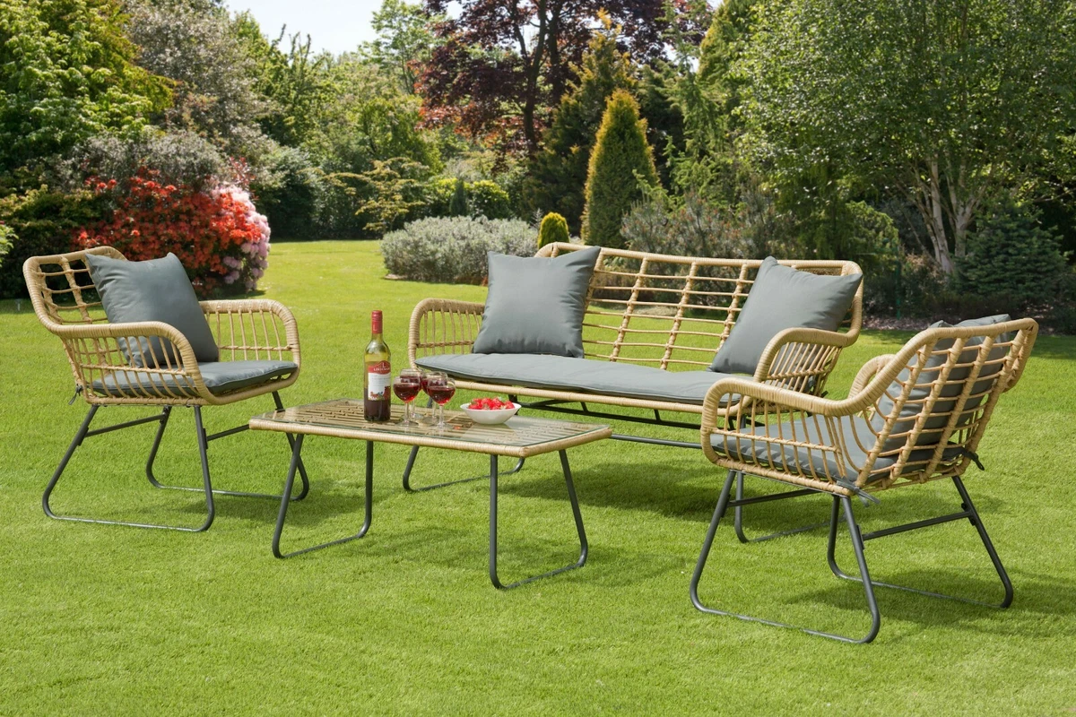 4 Seat Bamboo Effect Garden Sofa Set 2 Chairs Sofa Table Cushions Fast Free