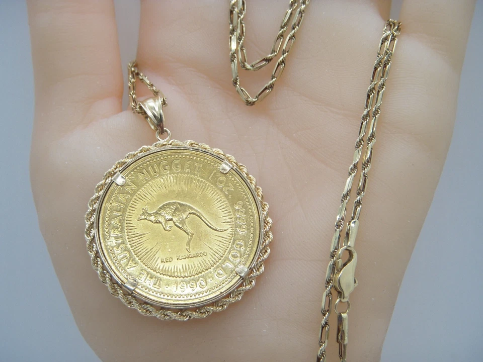Collar australiano 1990 1 oz oro .9999 $100 bisel canguro 21 pulgadas L ahorra #2062 Foto 4 de 4
