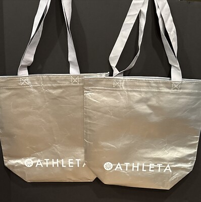 2 ATHLETA Large Shopping Reusable Tote Bag Silver Metallic 17 x 17'' TWO BAGS