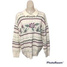 Floral White Purple Vintage Collared Sweater Grandma Granny Core Floral 90  s USA