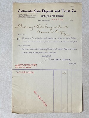 California Safe Deposit & Trust Co. San Francisco 1901 Vintage Receipt SBi 36