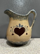OOAK Vtg ‘89 Signed Handmade Pitcher Beige Blue Sponge Hand Painted 6.5” Heart