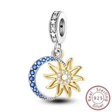 MULA 925 Sterling Silver Charm Blue AAA CZ Sun Moon Dangle fit Bracelet Necklace