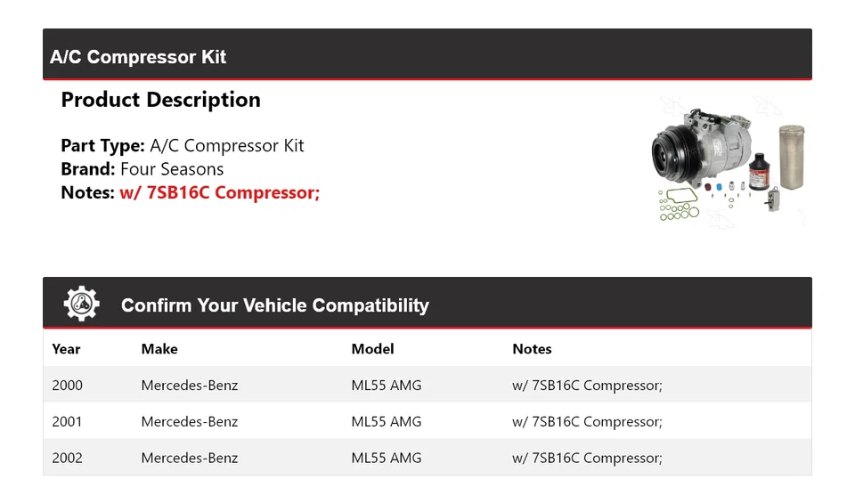 Kit compresor aire acondicionado AMG 2000-2002 4 estaciones 2001 Mercedes-Benz ML55 Foto 2 de 4