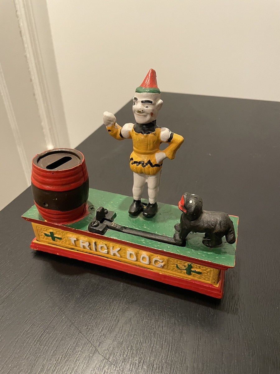 VINTAGE CAST IRON TRICK DOG Circus Clown Mechanical Coin Bank Metal Toy  WORKS