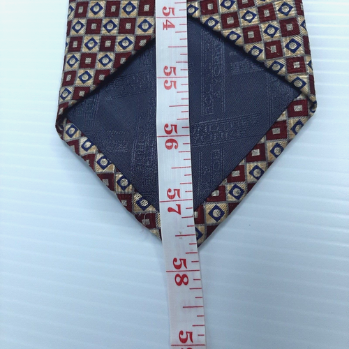 Cravatta Rountree & Yorke 100% seta marrone oro blu motivo geometrico - Foto 10 di 10