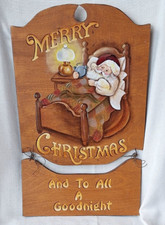 Vtg. Wooden Hand Painted Santa Christmas Hanging Art Plaque Sign Kitsch OOAK