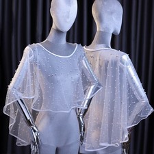 See-Through Pearl Beads Wrap Cape White Pearl Tulle Net Shawl Decorative Sheer  