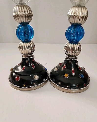 Candelabros góticos medievales de plata con detalles de cuero negro y piedra joya 12" - Imagen 2 de 9