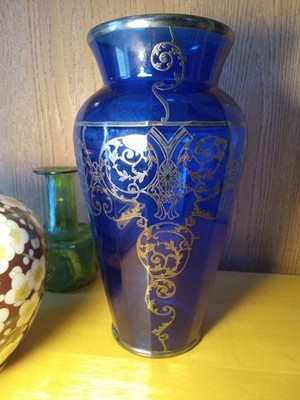 Paden City 10 1/4'' Cobalt Blue Swanson Vase with Sterling Silver Overlay