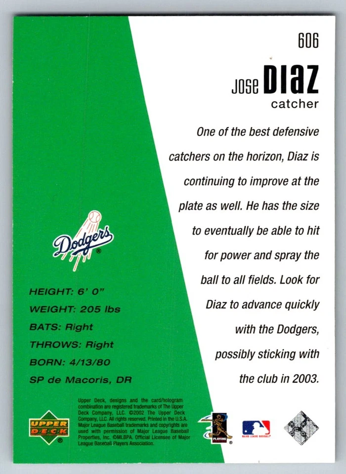 2002 Upper Deck Diamond Connection  Jose Diaz 606 /1999 - Image 2 of 2