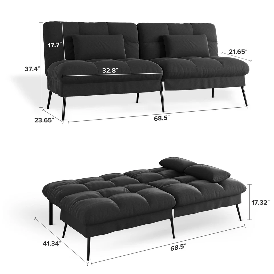 Cloud Comfort Convertible Futon Sofa Bed w/Lumbar Pillows Sleeper Bed Black - Image 4 of 4