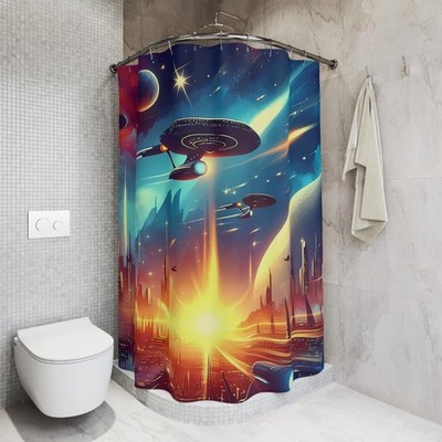 Sci-Fi Spaceship Shower Curtain: Galaxy Adventure, Retro Stars 72'' x 72'' E265263