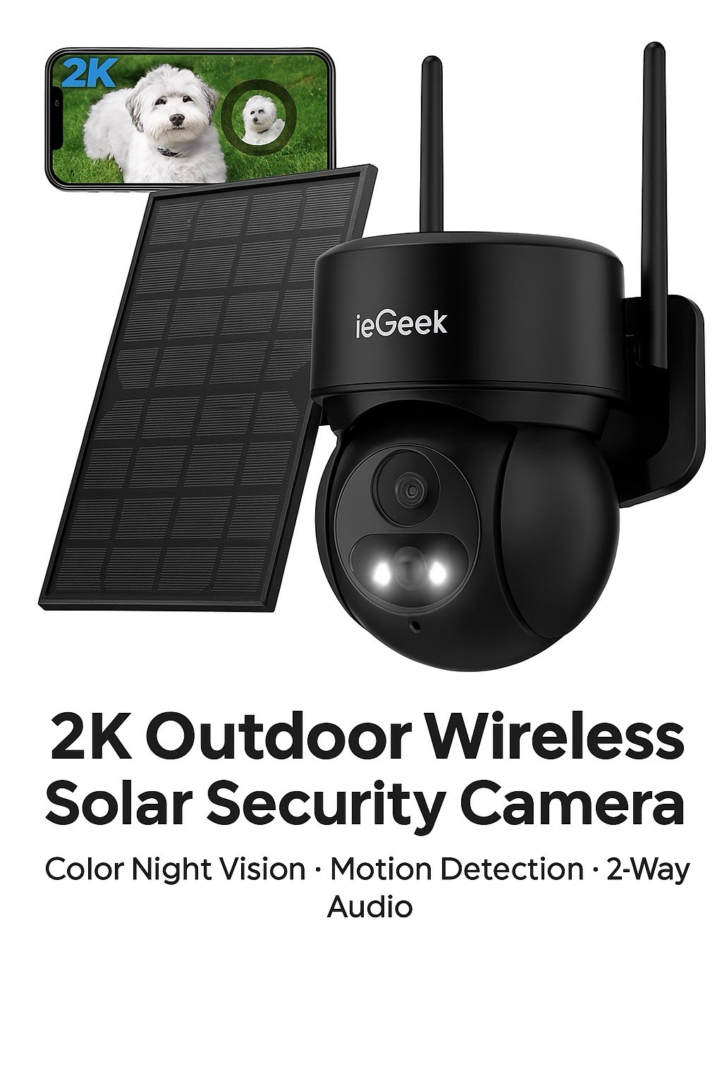 ieGeek 2K Solar Security Camera Outdoor Wireless PTZ WiFi 360° Night Vision IP66
