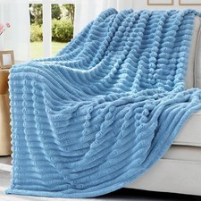 Soft Fleece Throw Blanket Blue 50x60 Inches Cozy Fluffy Plush Flannel Striped