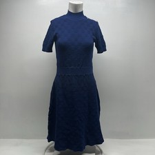 Boss Sweater Dress Midi Basketweave Knit Short Sleeve Fit & Flare Blue Medium
