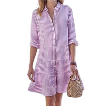 UT COCO Pink and White Striped Tiered Button-Down Shirt Dress with Pockets - Siz