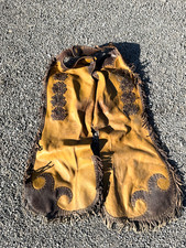 Vintage Western Chaps Leather Batwing Fringe Cowboy Rodeo Gear 2-Tone Floral 50s