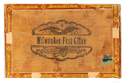 Rare 1910s  Milwaukee Post Office'' litho hinged 50 cedar cigar box in fair cond