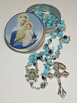 Glass Rosary Dappled Blue Beads Miraculous Center & Dangle Metal Screw To Case