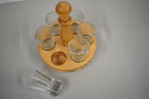 Vintage Wooden Shot Glass Caddy W/ 6 SHOTGLASSES - Picture 2 of 3