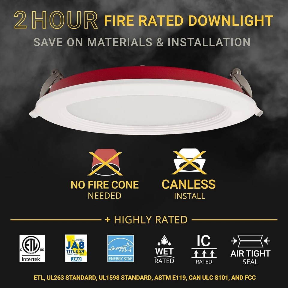 12Pck 6" 2 Hour Fire Rated UltraThin LED Baffle Trim Recessed Canless