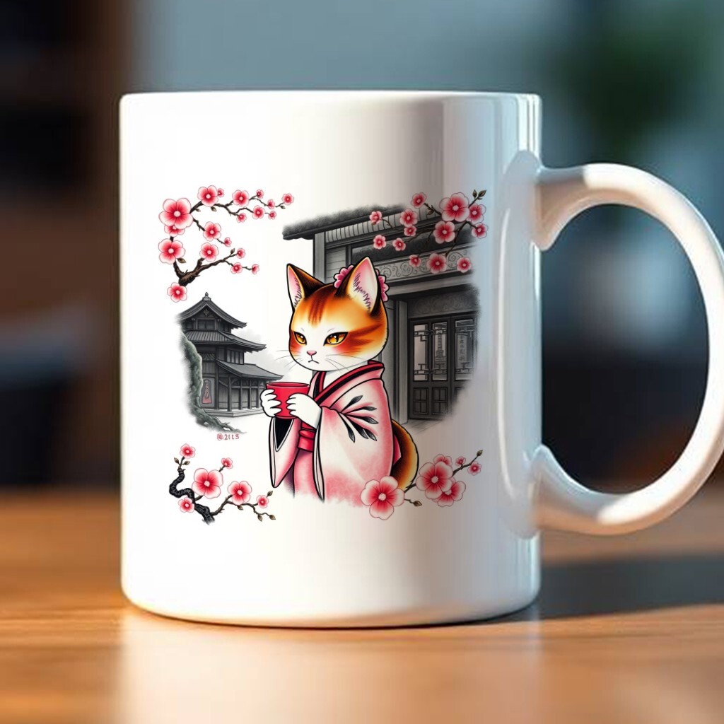 Linda Taza Kimono Gato 11oz - Taza Japonesa Geisha Gatito Amante Para Un Gato Mamá Gato Papá