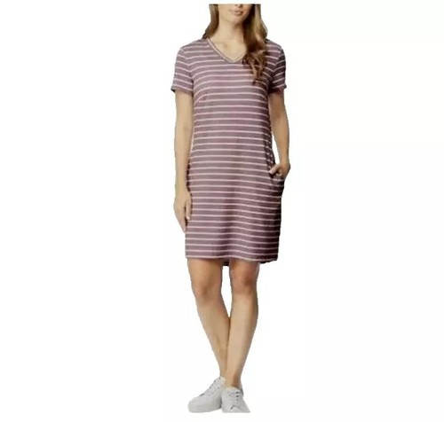 32 Degrees Cool sz:S Women's Lady Short Sleeve V-Neck T-Shirt Dress Pink Stripe - Picture 2 of 8