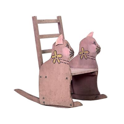 Vintage 1930s Handmade Folk Art Pink Lavender Cat Childrens Rocking Chair 