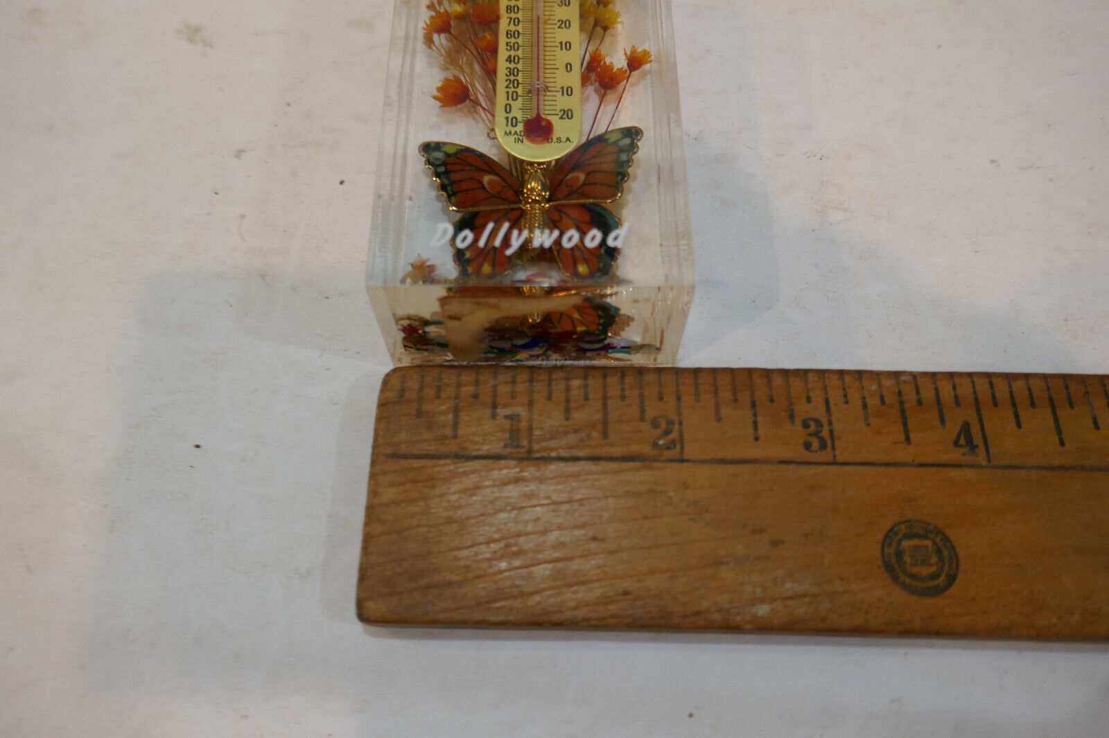1980s Dollywood Amusement Park butterfly w Flowerspaperweight thermometer Lucite