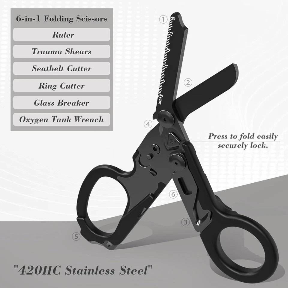 Tijeras de trauma con funda negra, tijeras de trauma versátiles 6 en 1 plegables, Foto 3 de 4