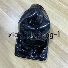 Black Latex Leather Hood Head Wetlook Headgear Open Mouth Mask Zip Sensory