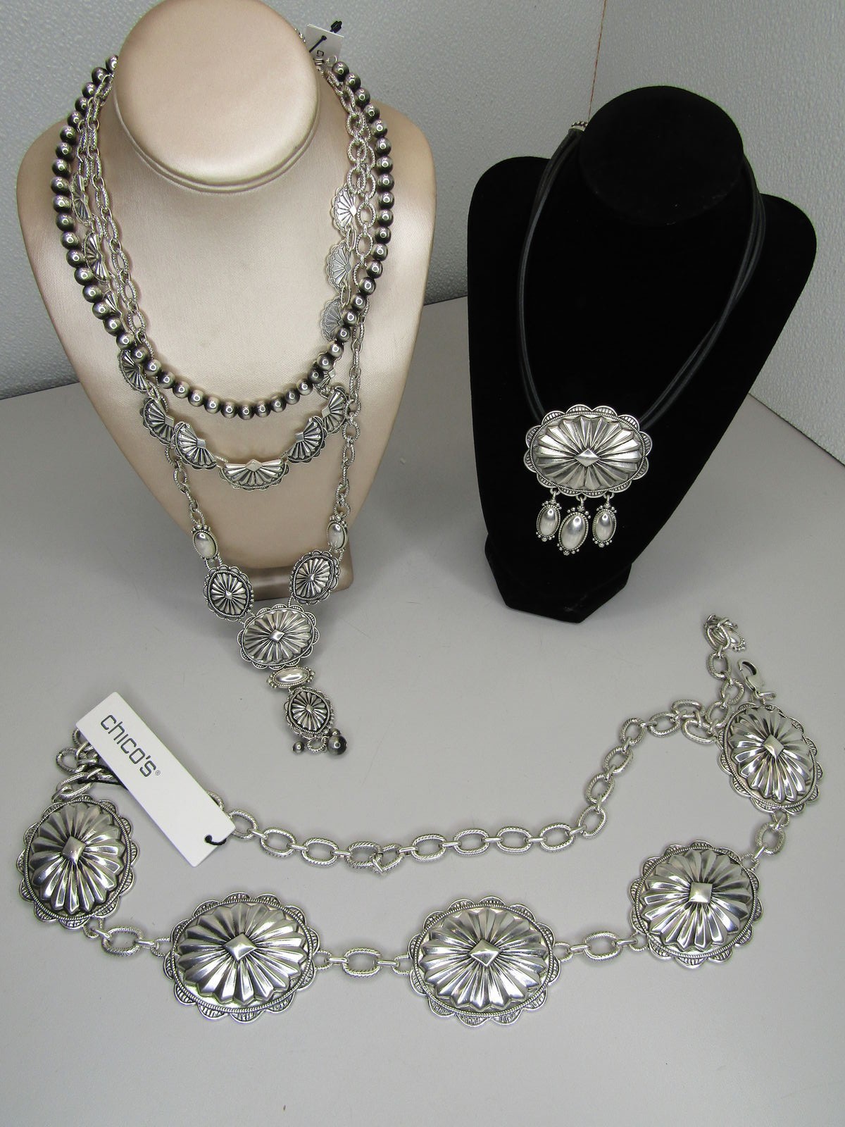 NWT Chico's Southwest Fashion Jewelry Set Layered Necklace Concho Belt 3pc Lot