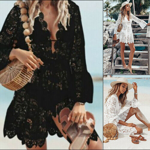 Lace Bathing Suit Cover Up Boho Beach Women Maxi Bikini Sundress Dress Summer US