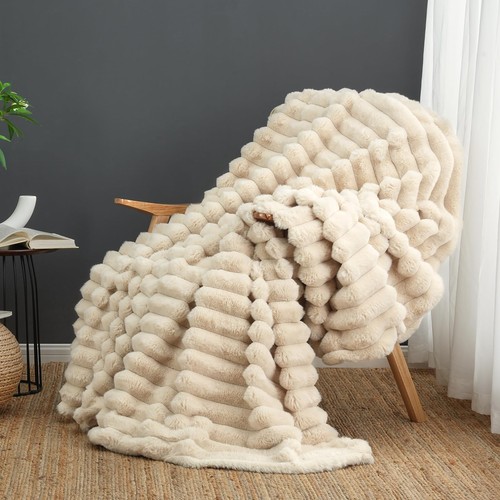Cozy Bliss Faux Fur Throw Blanket for Couch Cozy Warm Plush Striped Blanket f...