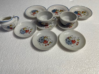 Japan Mini Teaset Creamer 8 Plates Blonde Girl Umbrella Frog Rain Doghouse Dog
