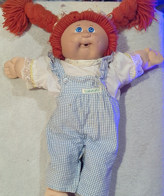 Cabbage Patch Kids Play Doll Red Yarn Hair Blue Gingham Overalls Soft Body Cloth