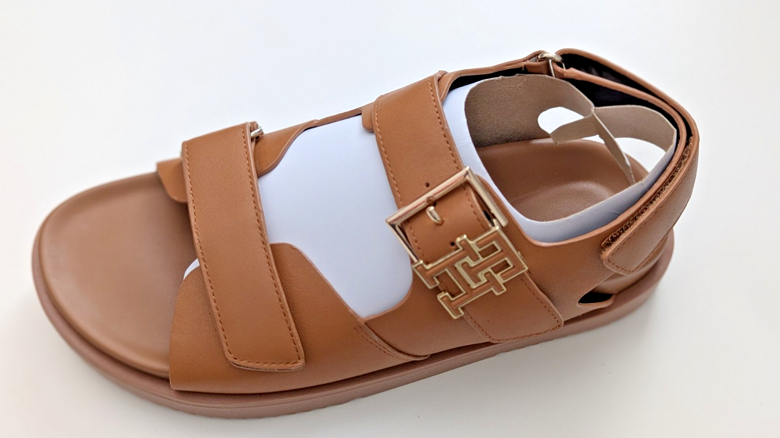 SAOLA Sandali Tommy Hilfiger TH Monogram in pelle marrone con tacchetti suola grossa UK 5